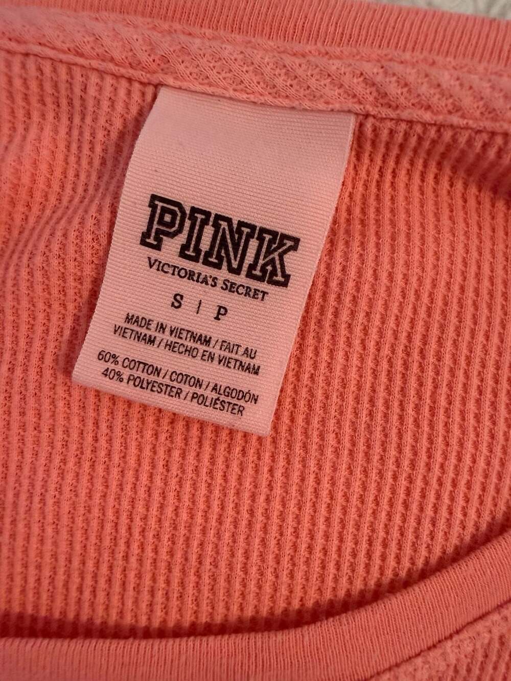 Pink Victoria's Secret Coral Orange Waffle Knit Thermal Long Sleeve Top Size S - Picture 3 of 4